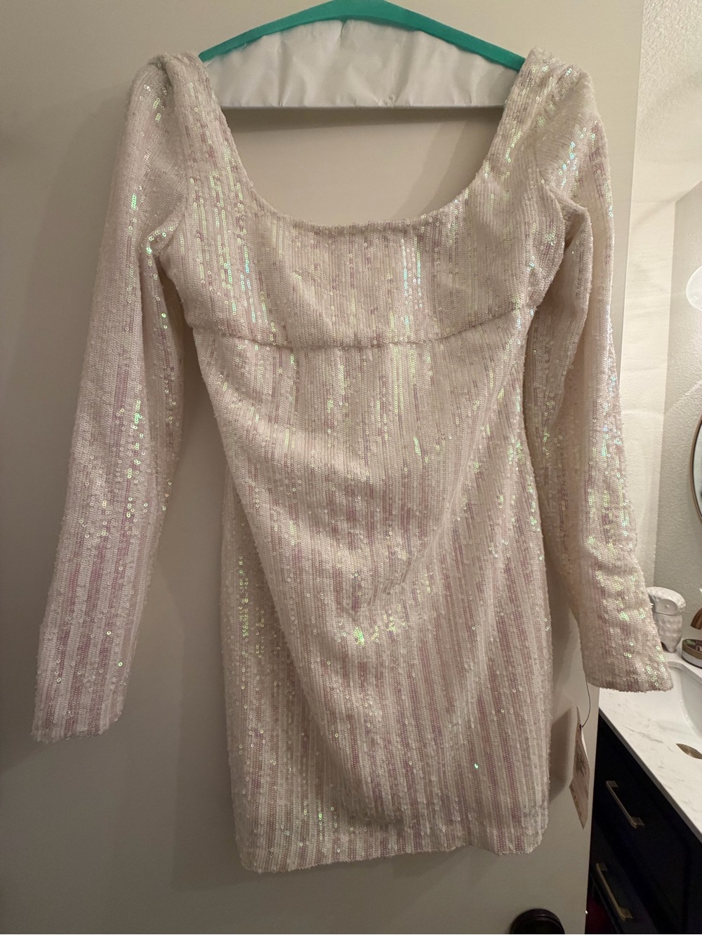 ABS / Saks- Long Sleeve Iridescent White Sequin Mini Dress size 6